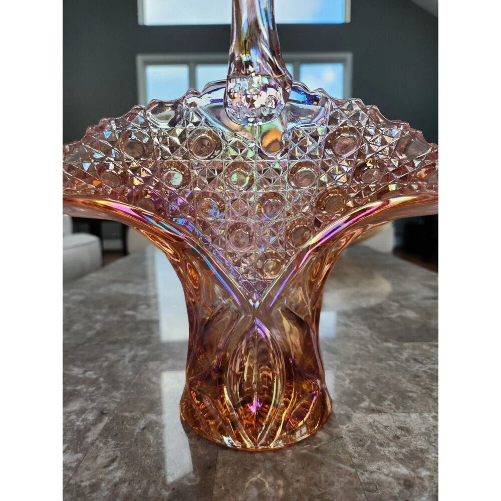 Vintage L.E.Smith Carnival Glass Pink Bride's Basket Vase, 12" - Picture 2 of 7